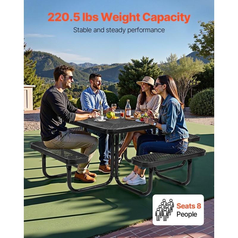 Teräsrunkoinen neliöpuutarhapöytä ja neljän penkin setti 116 kertaa 116 senttimetriä