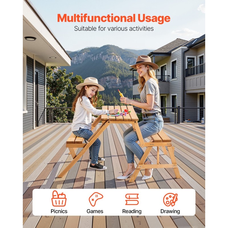 Ulkopöytä ja penkkisetti kuusipuusta taittuva rakenne aurinkovarjon reiällä