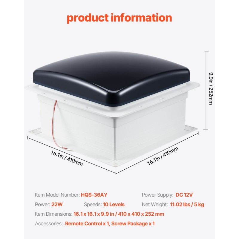 Kattotuuletin matkailuautoon kaksitoistavolttinen neljätoista tuuman aukkoon sateentunnistimella kaukosäätimellä kymmenellä