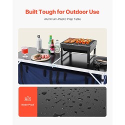 Retkikeittiöpöytä alumiinirunkoinen kolmitasoinen taitettava työtaso ja säilytystila musta ja sininen