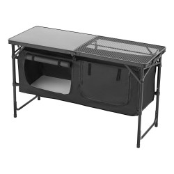 Taitettava retkikeittiöpöytä alumiinirunko kolme säädettävää korkeutta säilytysosalla musta kantokahva