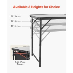Taitettava retkikeittiöpöytä alumiinirunko kolme säädettävää korkeutta säilytysosalla musta kantokahva