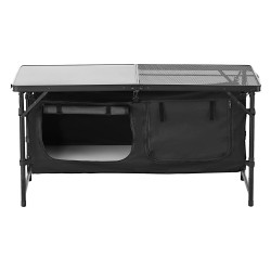 Taitettava retkikeittiöpöytä alumiinirunko kolme säädettävää korkeutta säilytysosalla musta kantokahva
