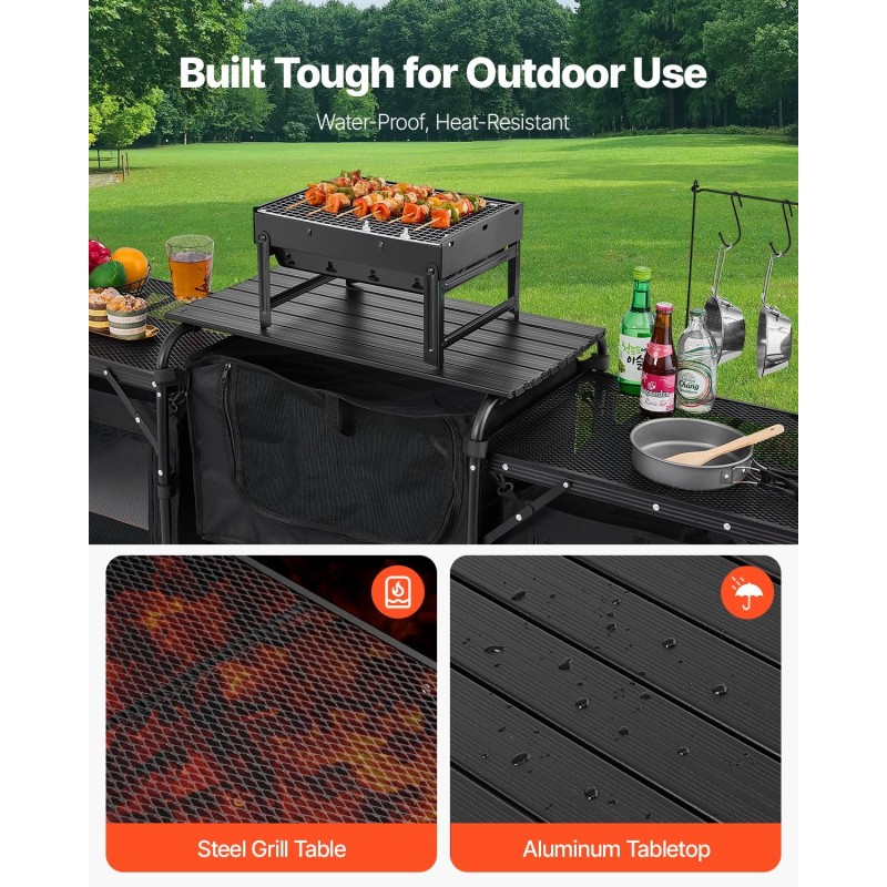 Alumiininen taittuva retkikeittiöpöytä 3 säilytyskaappia irrotettava tuulensuoja musta