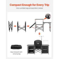 Alumiininen taittuva retkikeittiöpöytä 3 säilytyskaappia irrotettava tuulensuoja musta