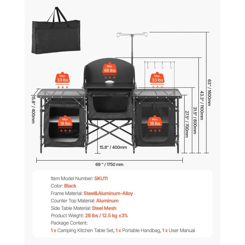 Alumiininen taittuva retkikeittiöpöytä 3 säilytyskaappia irrotettava tuulensuoja musta