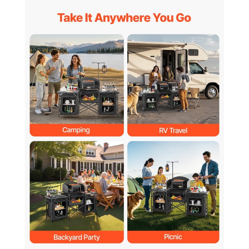 Alumiininen taittuva retkikeittiöpöytä 3 säilytyskaappia irrotettava tuulensuoja musta