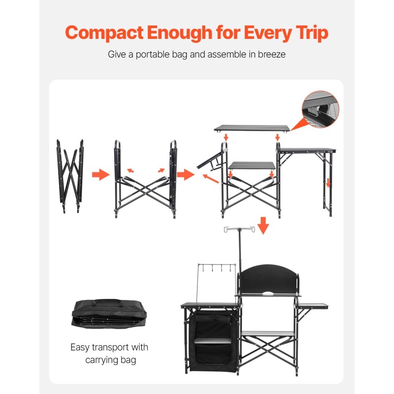 Retkikeittiöpöytä alumiinityötaso teräsrunko säilytyskaapilla kolmisivuinen tuulisuoja taittuva kantolaukulla musta