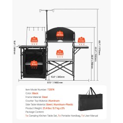 Retkikeittiöpöytä alumiinityötaso teräsrunko säilytyskaapilla kolmisivuinen tuulisuoja taittuva kantolaukulla musta