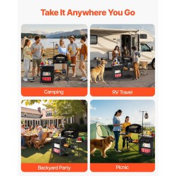 Retkikeittiöpöytä alumiinityötaso teräsrunko säilytyskaapilla kolmisivuinen tuulisuoja taittuva kantolaukulla musta