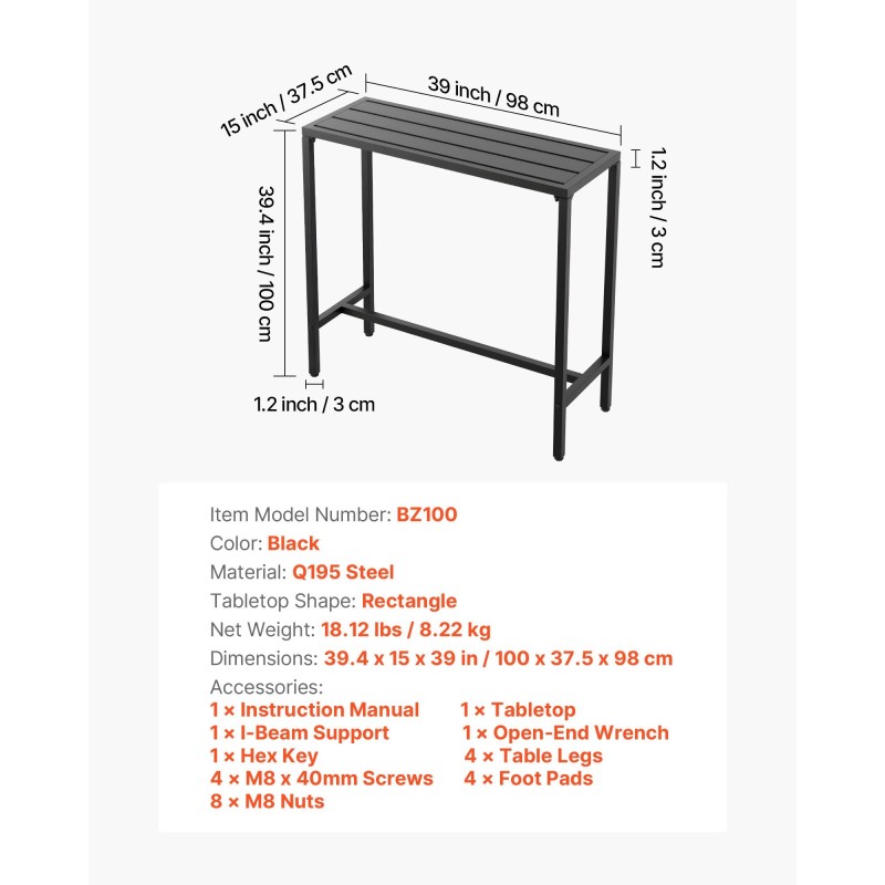 Baaripöytä 100 x 37,5 cm korkeus 98 cm Q195-teräsrunko vedenkestävä pöytätaso