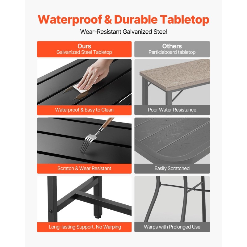 Ulkobaaripöytä teräsrunko kapea vedenkestävä pöytätaso musta 1400x375x980 mm