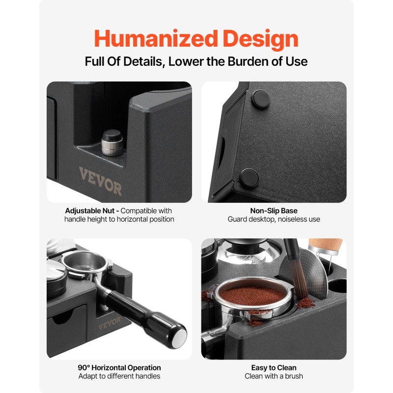 Espresson tamppausasema musta muovi 51–58 mm kahvakahvoille seitsemänpaikkainen säilytys silikonijaloilla