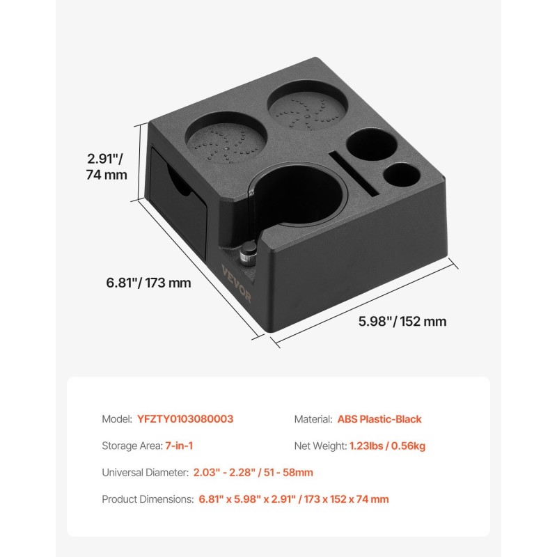 Espresson tamppausasema musta muovi 51–58 mm kahvakahvoille seitsemänpaikkainen säilytys silikonijaloilla