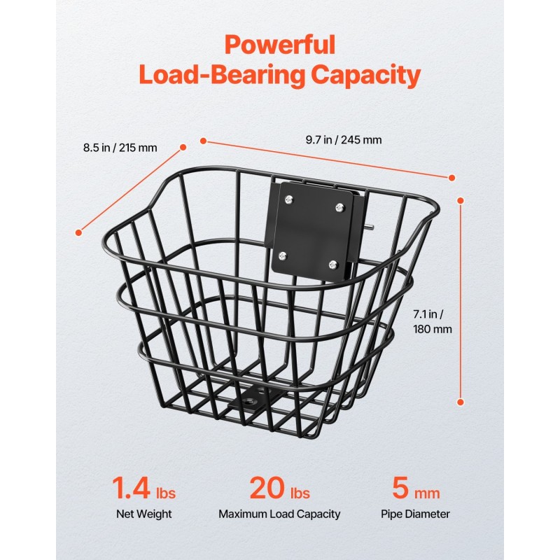 Etukori teräksestä 245x215x180 mm 9 kg kantavuus sähköskoottereille ja polkupyörille