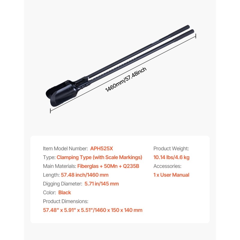 Kuoppaporakone käsikäyttöinen lasikuituvarsi 145 mm halkaisija 1460 mm 50Mn hiiliteräs