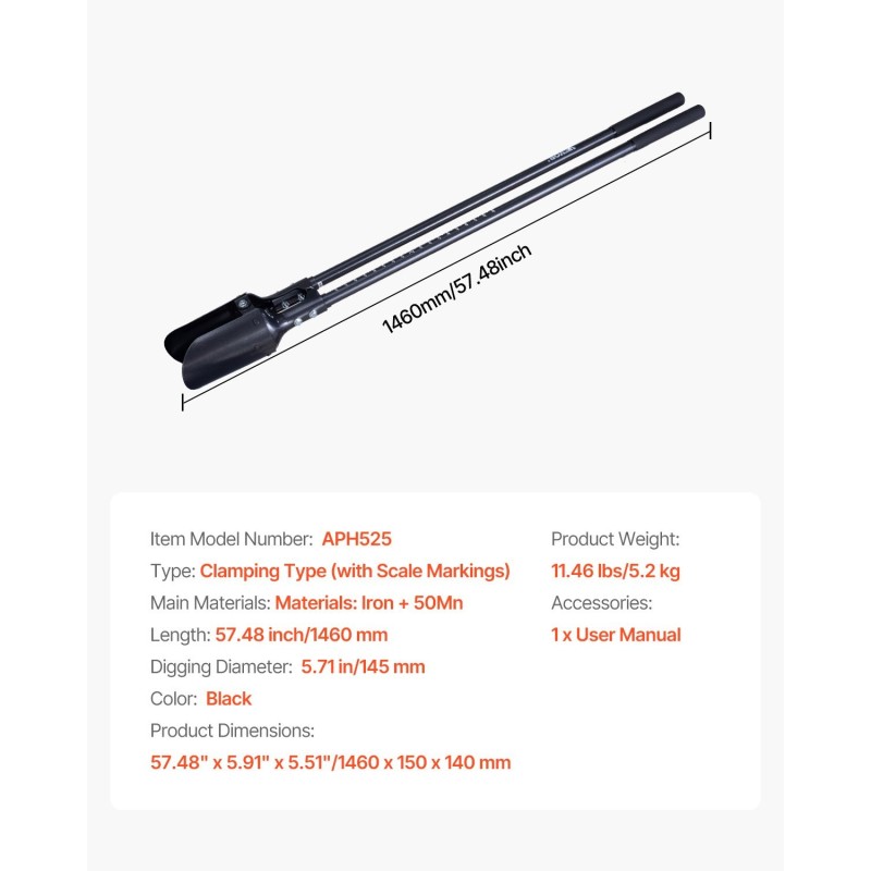 Käsikäyttöinen kuoppakaivuri puutarhaan ja maatilaan 145 mm halkaisija 1460 mm