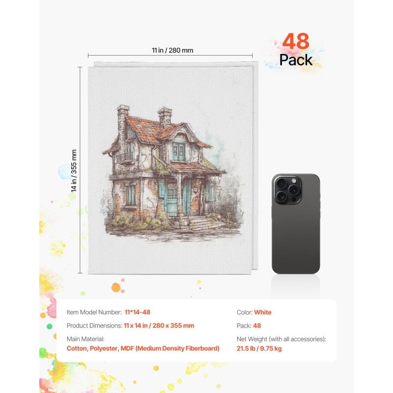 Maalauspohjat pohjustettu puuvillapolyesterikangas 11 x 14 tuumaa 48 kpl 3 mm MDF