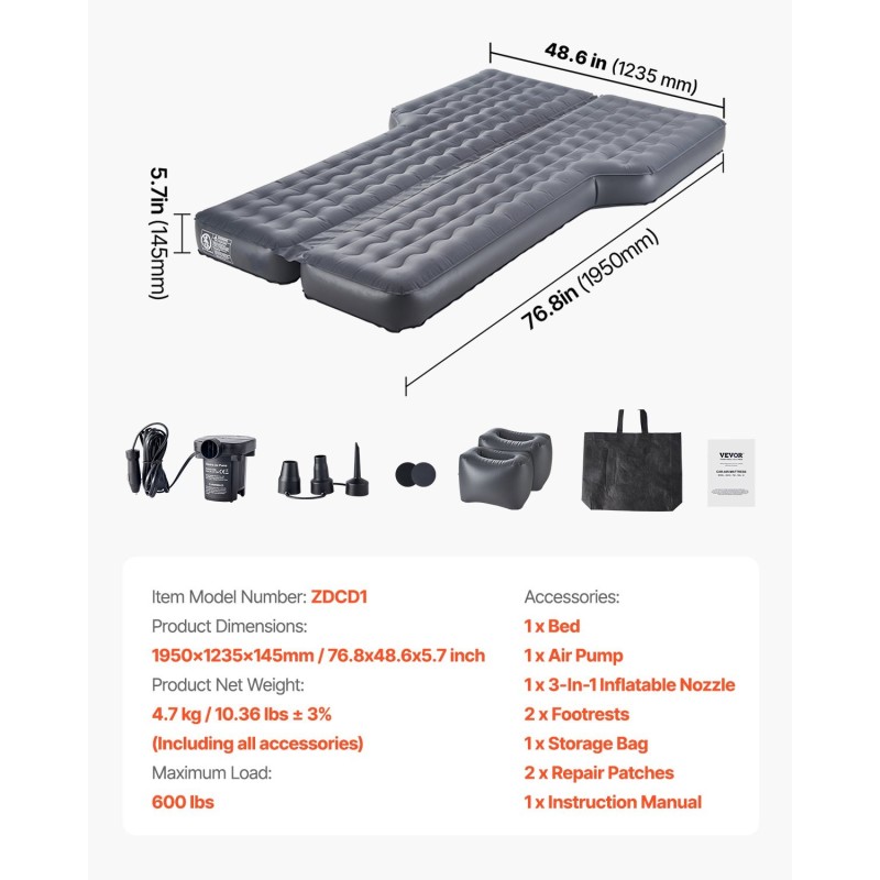 Auton ilmapatja Oxford-pintakangas PVC kaksi ilmakammiota harmaa 1950x1235x145 mm
