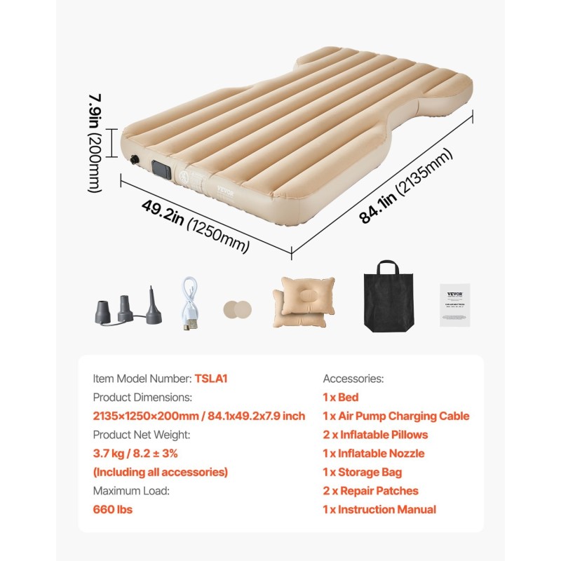 Auton tavaratilan ilmapatja PVC beige sisäänrakennetulla pumpulla Tesla Model Y 2020–2024