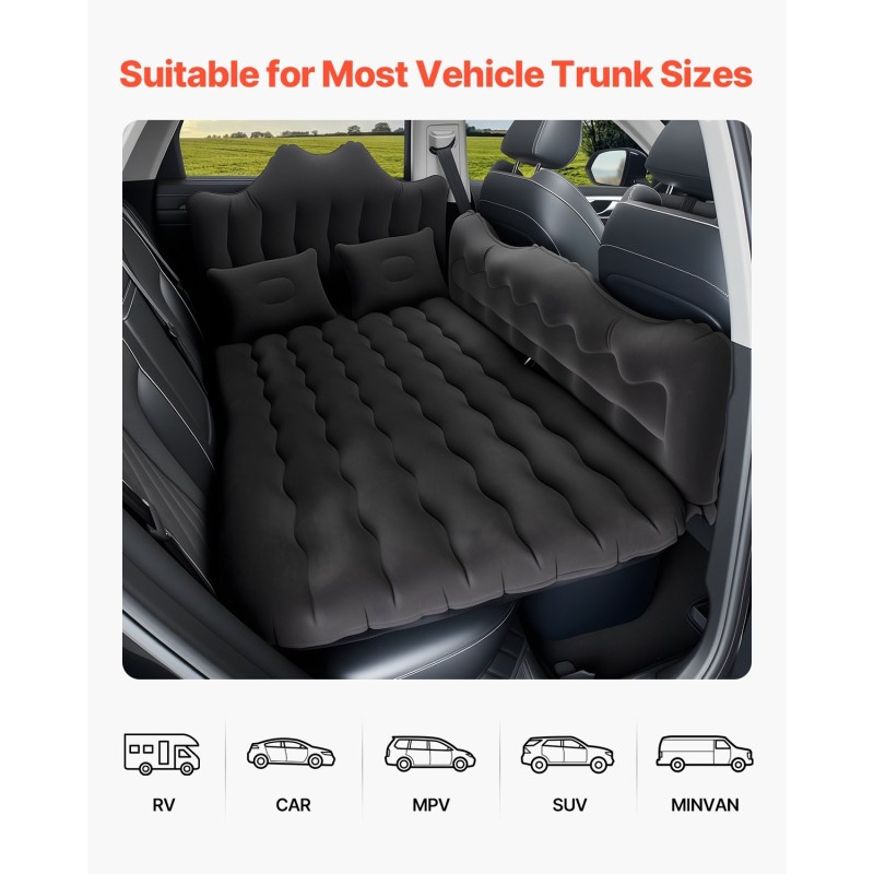 Auton ilmapatja nukkapinnalla PVC 1860x1130x120 mm mukana pumppu ja kaksi tyynyä musta