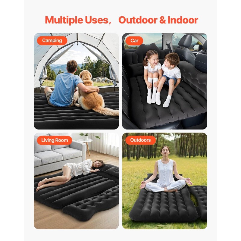 Auton ilmapatja nukkapinnalla PVC 1860x1130x120 mm mukana pumppu ja kaksi tyynyä musta