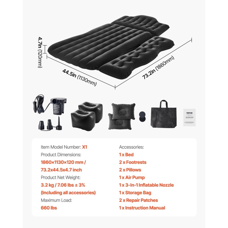 Auton ilmapatja nukkapinnalla PVC 1860x1130x120 mm mukana pumppu ja kaksi tyynyä musta