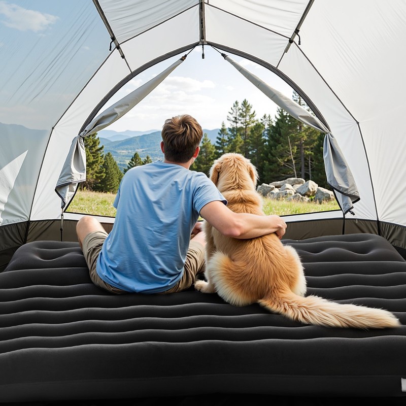 Auton ilmapatja nukkapinnalla PVC 1860x1130x120 mm mukana pumppu ja kaksi tyynyä musta