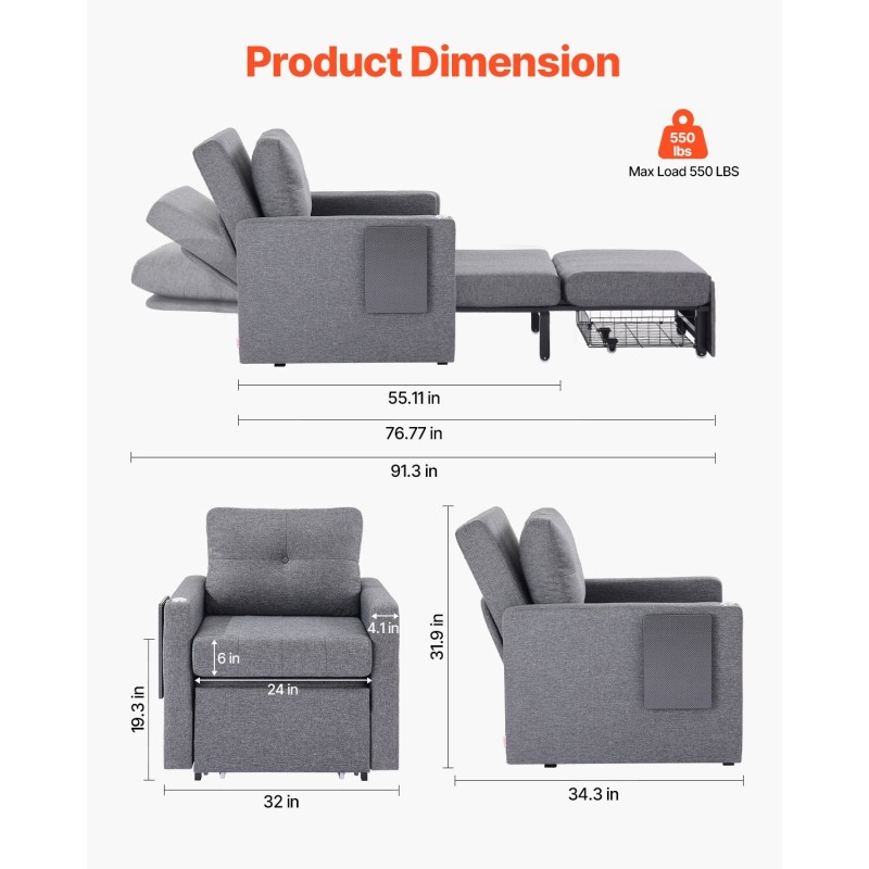 Ulosvedettävä vuodesohva metallirunkoinen pellavaverhoilu harmaa kaksisataakolmekymmentäkaksi senttimetriä avattuna