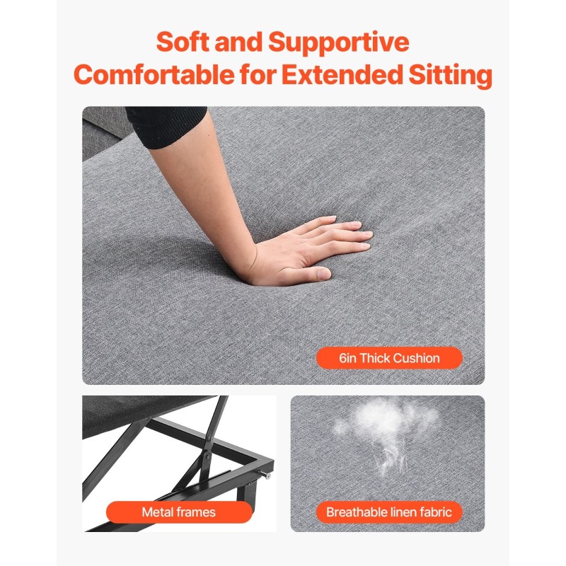 U-muotoinen 6-istuiminen vuodesohva vedettävä vuodeosa pellavakangas metallirunko harmaa