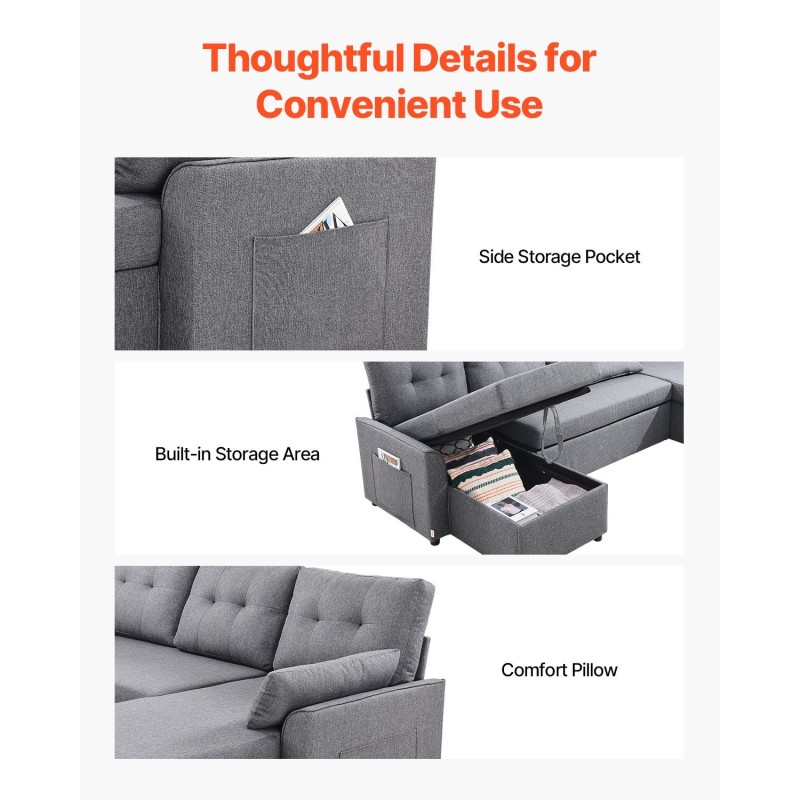 U-muotoinen 6-istuiminen vuodesohva vedettävä vuodeosa pellavakangas metallirunko harmaa