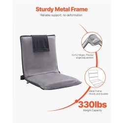 Taitettava lattiatyyny selkänojalla teräsrunko vaahtomuovipehmuste 6 asentoa harmaa