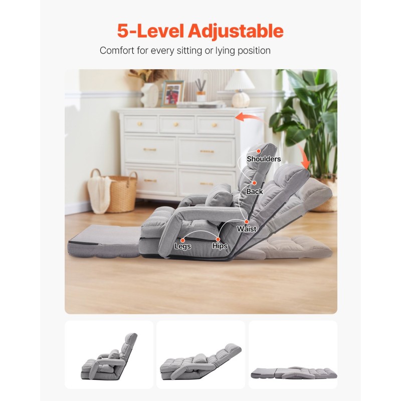 Taitettava lattiatason nojatuoli vaahtomuovitäytteellä teräsrunko harmaa säädettävä selkänoja 5 asentoa