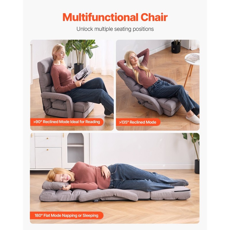 Taitettava lattiatason nojatuoli vaahtomuovitäytteellä teräsrunko harmaa säädettävä selkänoja 5 asentoa