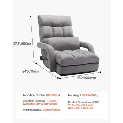 Taitettava lattiatason nojatuoli vaahtomuovitäytteellä teräsrunko harmaa säädettävä selkänoja 5 asentoa