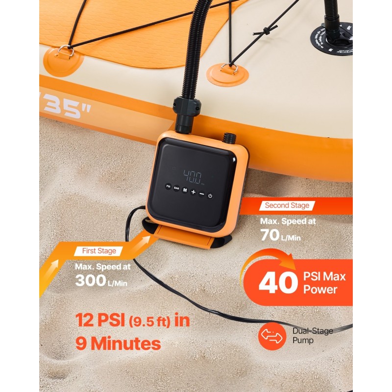 Sähköpumppu SUP-laudoille 12 voltin 6 esiasetusta kompaktilla kantorepulla