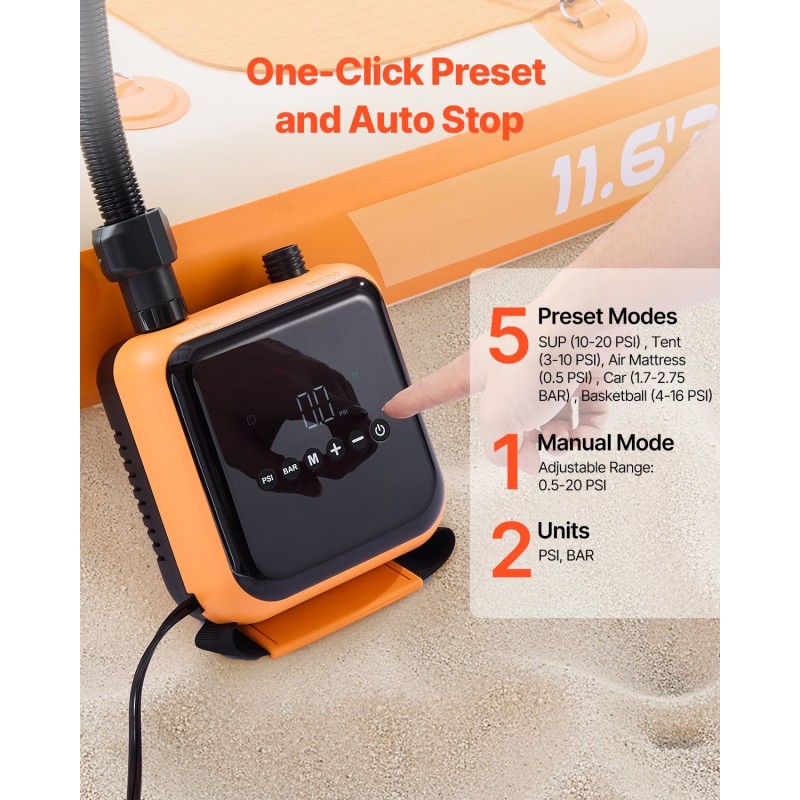 Sähköpumppu SUP-laudoille 12 voltin 6 esiasetusta kompaktilla kantorepulla