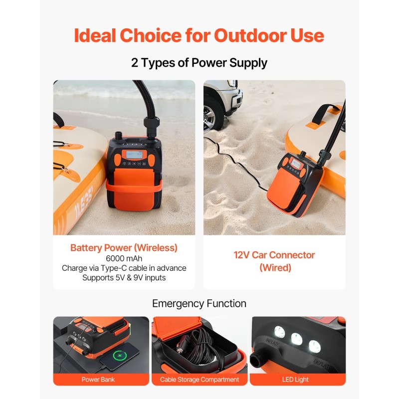 Sähköinen SUP-lautapumppu ladattava 6000 mAh akku 20 PSI LED-näyttö 7 suutinta ABS-muovi