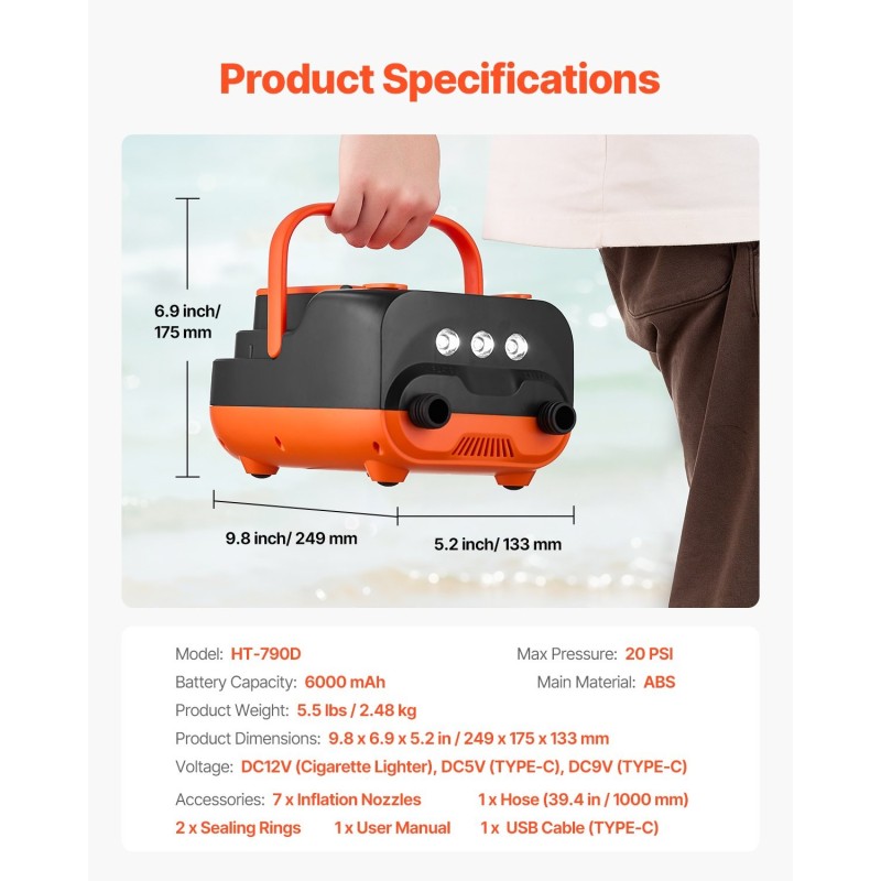 Sähköinen SUP-lautapumppu ladattava 6000 mAh akku 20 PSI LED-näyttö 7 suutinta ABS-muovi