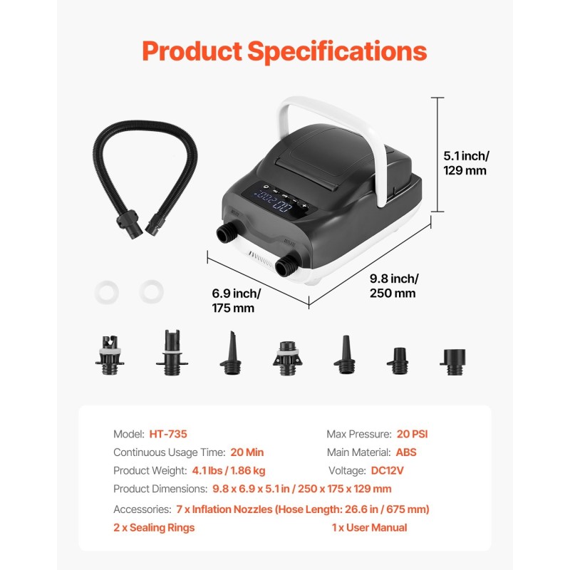 Sähköinen SUP ilmapumppu DC12V ABS 20 PSI täyttö ja tyhjennys