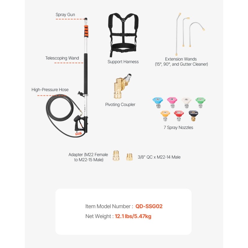 Teleskooppinen painepesurin jatkovarsi alumiininen 6,36 m ulkopintojen pesuun