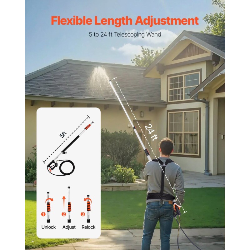 Alumiininen teleskooppinen painepesurin jatkovarsi 6,36 m 275 barin paineelle