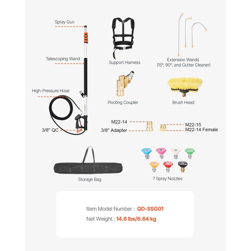 Alumiininen teleskooppinen painepesurin jatkovarsi 6,36 m 275 barin paineelle