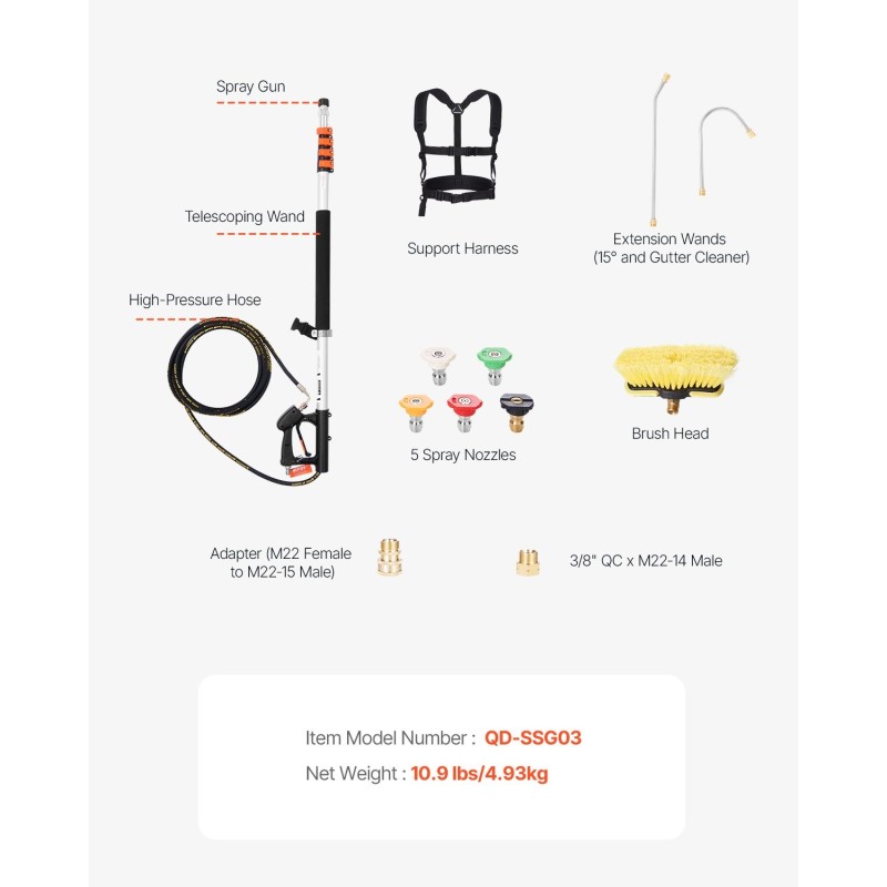 Teleskooppinen alumiinivarsi painepesuriin 5,44 m 5 suuttimella