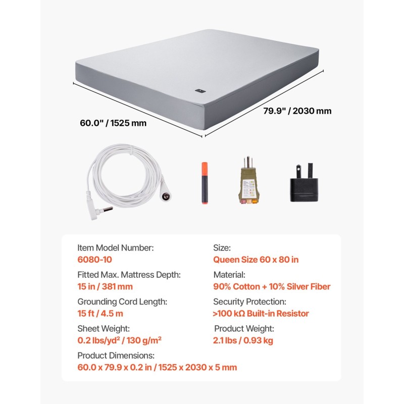 Maadoituslakana queen-kokoinen joustoreunainen 90% puuvilla 10% hopeakuitu mukana testeri 4,5 m johto