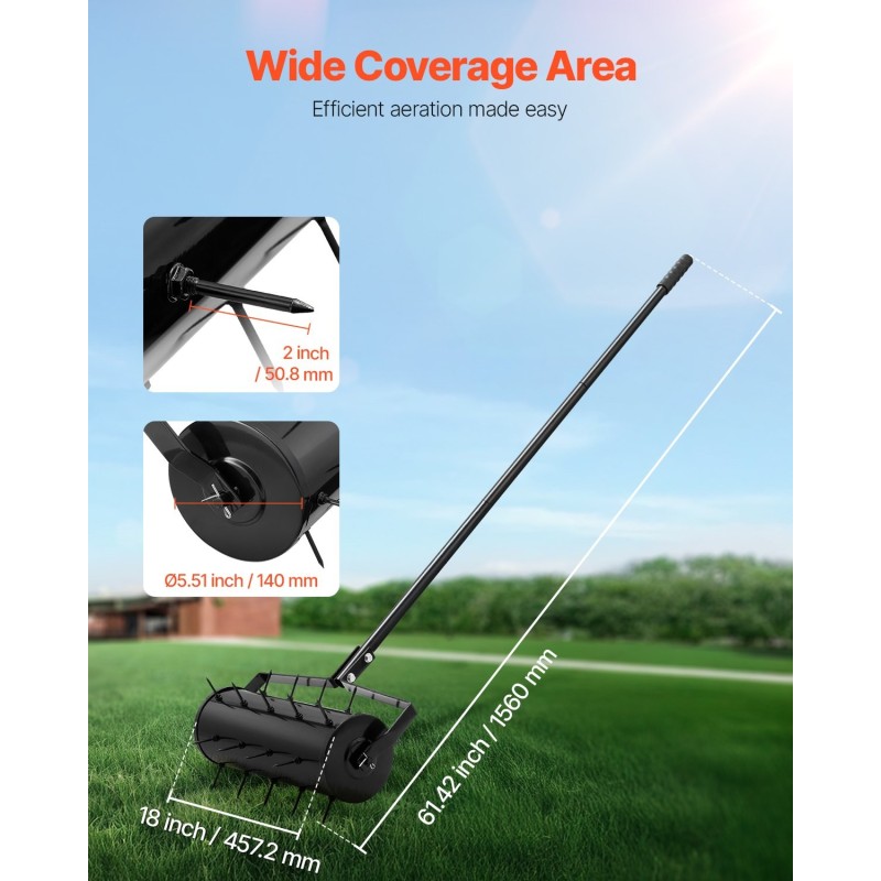 Rullaava nurmikon ilmastin 18 tuuman työleveys 27 rautapiikkiä 131 cm kahva metalli