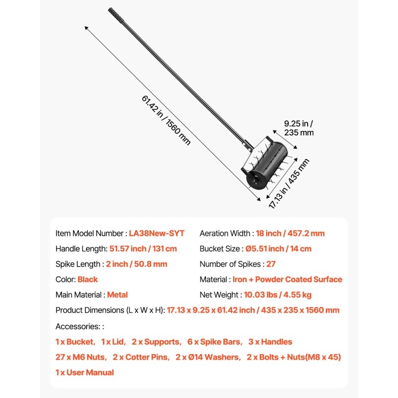 Rullaava nurmikon ilmastin 18 tuuman työleveys 27 rautapiikkiä 131 cm kahva metalli