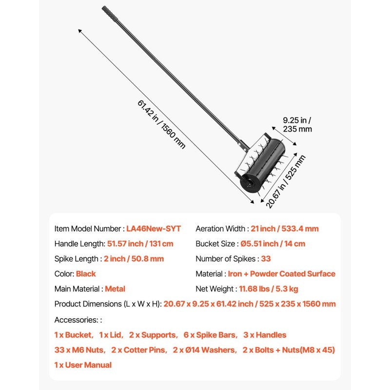 Rullaava käsikäyttöinen nurmikon ilmaaja rautainen 21 tuuman 33 piikkiä