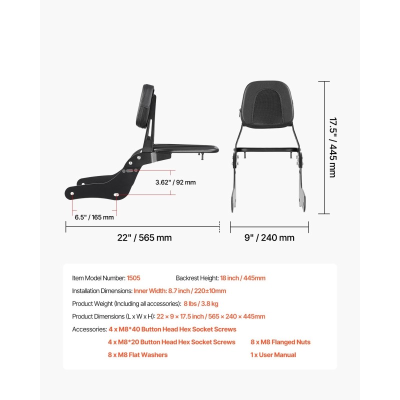 Moottoripyörän irrotettava selkänoja ja tavarateline yhteensopiva Honda Rebel CMX 1100