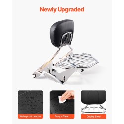 Moottoripyörän irrotettava selkänoja ja tavarateline ruostumattomalla rungolla vedenpitävällä nahalla Touring-malleihin